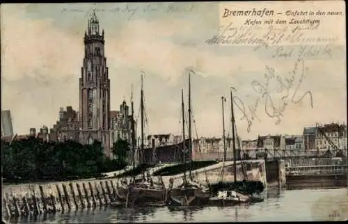 Ak Bremerhaven, Hafeneinfahrt mit Leuchtturm