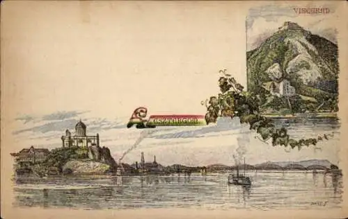 Ganzsachen Künstler Litho Dörret, Visegrad Ungarn, Esztergom, Panorama am Wasser, Ruine