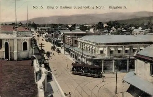 Ak Kingston Jamaica, King und Harbour Street Blick nach Norden, Straßenbahn