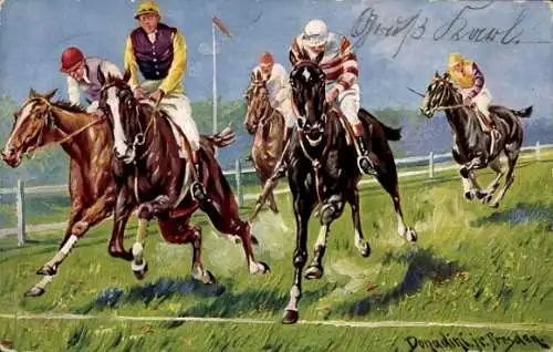 Künstler Ak Donadini, Rennpferde an der Ziellinie