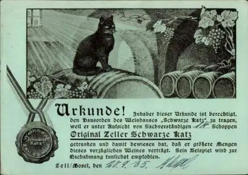 Ak Zell an der Mosel, Zeller Schwarze Katze, Urkunde, Fässer