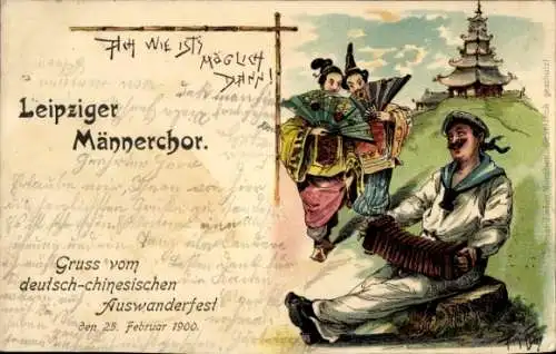 Litho Leipzig in Sachsen, Männerchor, Deutsch-chinesisches Auswanderfest 1900