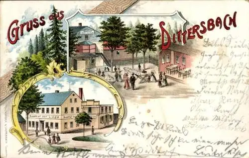 Litho Dürröhrsdorf Dittersbach Sächsische Schweiz, Gasthof zur Linde, Gartenpartie