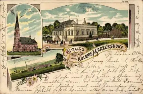 Litho Markersdorf Chemnitz in Sachsen, Gesamtansicht, Kirche, Schankwirtschaft zum heiteren Blick