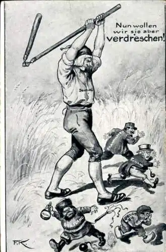 Künstler Ak Nun wollen wir sie aber verdreschen, Deutscher Bauer, Flüchtende Feinde