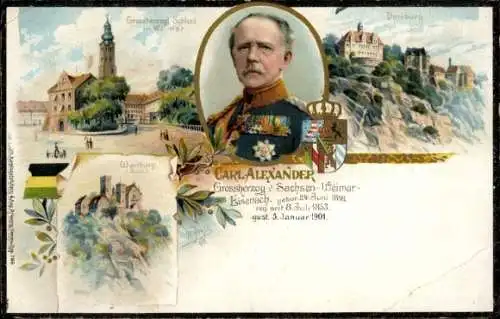 Litho Carl Alexander Großherzog von Sachsen-Weimar-Eisenach, Schloss, Wappen, Dornburg, Wartburg