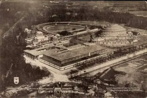 Ak Wrocław Breslau Schlesien, Messegelände, Jahrhunderthalle, Fliegeraufnahme