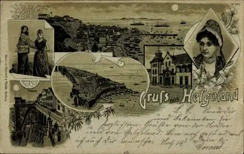 Litho Nordseeinsel Helgoland, Gesamtansicht, Treppe, Frau in Tracht