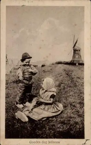 Ak Niederlande, Goeden dag Juffrouw, Windmühle, Kinder in Tracht