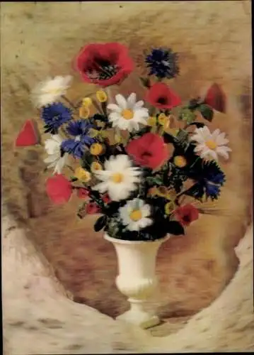 3-D Ak Blumenstrauß in einer Vase, Mohnblüten