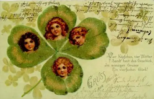 Perl Litho Vier Köpfchen, vier Blätter, Kleeblatt