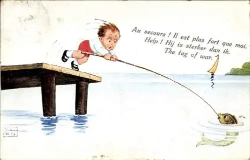 Künstler Ak Wills, John, Fisch zieht Junge an der Angel ins Wasser