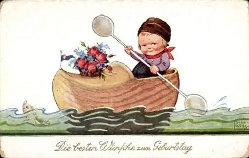 Künstler Ak Wills, John, Junge in Niederländischer Tracht, Holzschuh als Boot