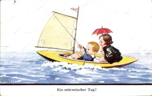 Künstler Ak Wills, John, Stürmischer Tag, Kinder im Segelboot, Regen