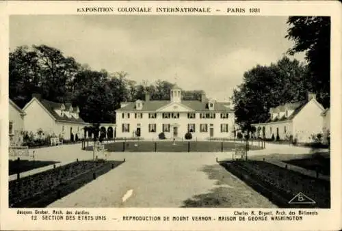 Ak Paris, Internationale Kolonialausstellung 1931, Vereinigte Staaten, Reproduktion von Mount Vernon