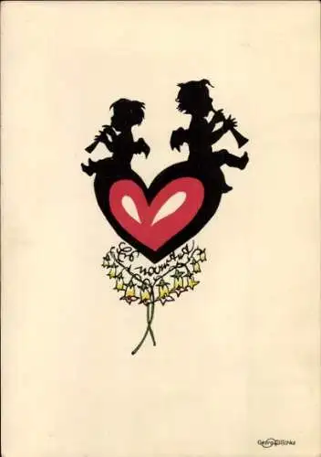 Scherenschnitt Künstler Ak Plischke, G., Musizierende Engel, Herz, Blumen