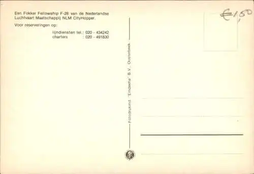 Ak Passagierflugzeug Fokker Fellowship F-28, NLM City Hopper