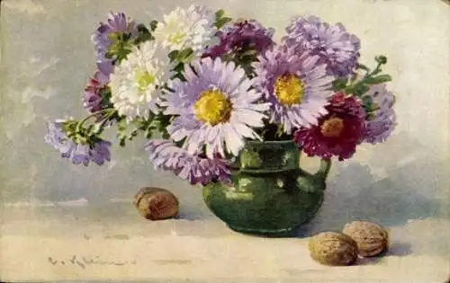 Künstler Ak Klein, C., Blumenstrauß, Blumenvase, Nüsse