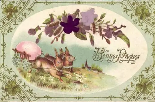Stoff Präge Litho Glückwunsch Ostern, Osterhasen, Osterei, Glücksklee, Blumen