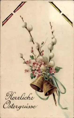 Ak Frohe Ostern, Weidenkätzchen, Glocken, Flaggenband