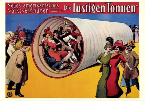 Künstler Ak Neues amerikanisches Volksvergnügen, Die lustigen Tonnen, Besucher in rotierender Tonne