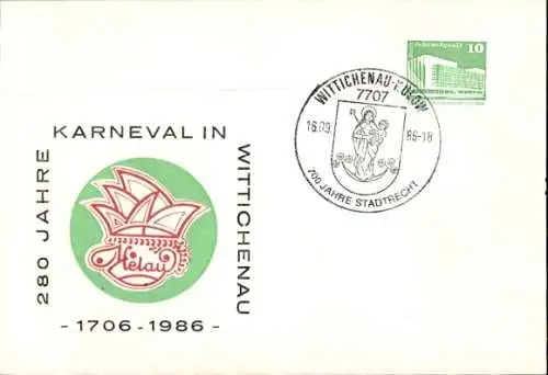 Ak Wittichenau in der Oberlausitz, 280 Jahre Karneval 1986, Stempel 700 Jahre Stadtrecht 1986