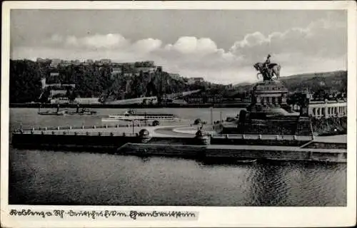 Ak Koblenz am Rhein, Festung Ehrenbreitstein, Deutsches Eck, Denkmal Kaiser Wilhelm I.