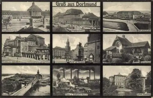 Ak Dortmund im Ruhrgebiet, Hauptpostamt, Hauptbahnhof, Stadttheater, Hafen, Westfalenhalle, Markt