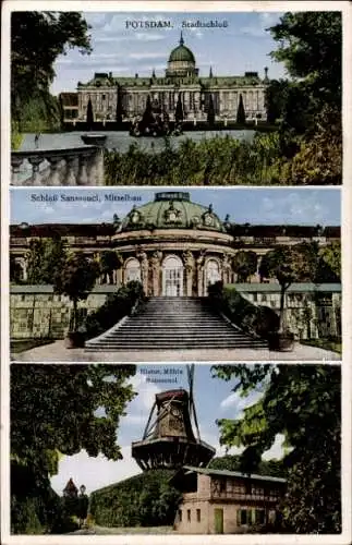 Ak Potsdam, Schloss Sanssouci, Stadtschloss, Mittelbau, Historische Mühle