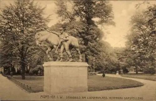 Ak Münster in Westfalen, Standbild Ludgeriplatz, Ackerbau Darstellung