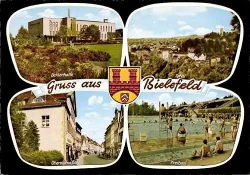 Ak Bielefeld in Nordrhein Westfalen, Wappen, Oetkerhalle, Freibad, Obernstraße, Gesamtansicht