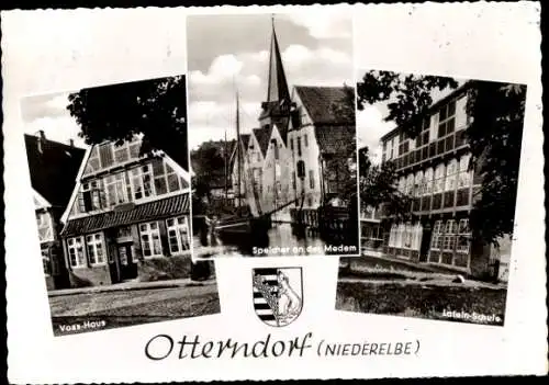Ak Otterndorf an der Niederelbe, Wappen, Latein-Schule, Voss-Haus, Speicher an der Medem