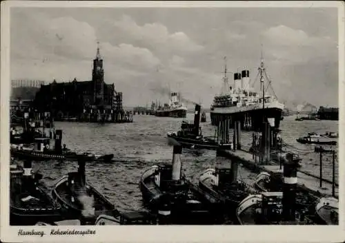 Ak Hamburg Mitte Altstadt, Kehrwiederspitze, Anleger, Boote, Dampfer, Kirchturm