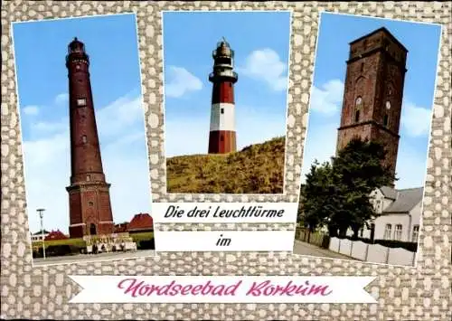 Ak Nordseebad Borkum in Ostfriesland, Neuer Leuchtturm, elektr. Leuchtturm, alter Leuchtturm