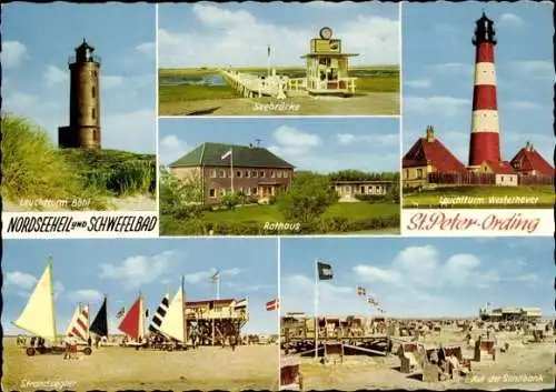 Ak Nordseebad Sankt Peter Ording, Leuchturm Böhl, Leuchtturm Westerhever, Rathaus, Seebrücke