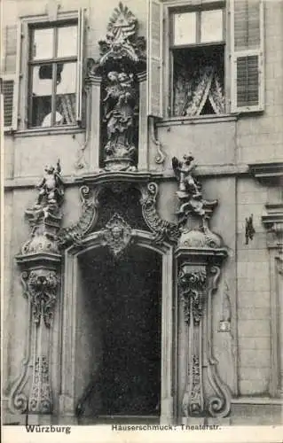 Ak Würzburg am Main Unterfranken, Theaterstraße, Häuserschmuck