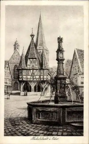 Künstler Ak Michelstadt im Odenwald Hessen, Rathaus erbaut 1484, Brunnen