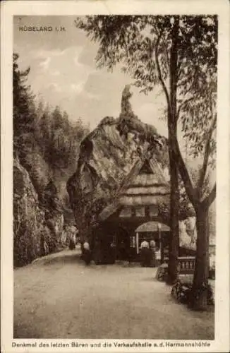 Ak Rübeland Oberharz am Brocken, Hermannshöhle, Verkaufshalle, Denkmal letzter Bär