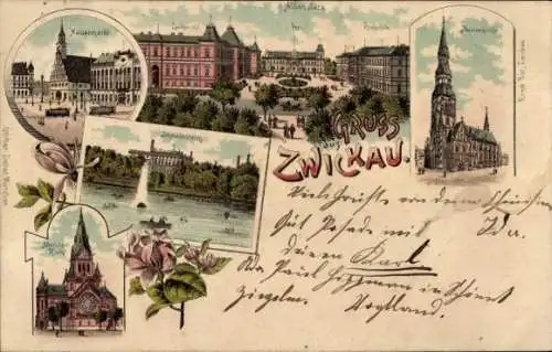 Litho Zwickau in Sachsen, Albertplatz, Moritzkirche, Marienkirche, Hauptmarkt, Schwanenteich