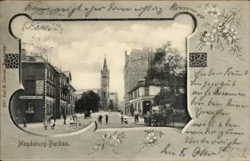 Passepartout Ak Buckau Magdeburg, Straßenpartie, Kirche, Schwarzer Adler