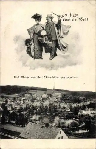 Ak Bad Elster im Vogtland, Blick von der Alberthöhe, Im Fluge durch die Welt, fliegendes Paar