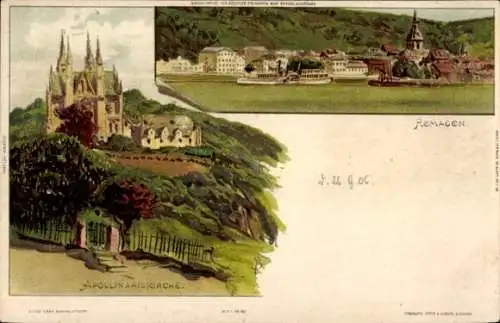 Künstler Litho Biese, C., Remagen am Rhein, Totale, Apollinariskirche