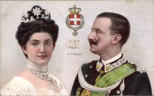 Litho König Viktor Emanuel III. von Italien mit Ehefrau Elena von Montenegro