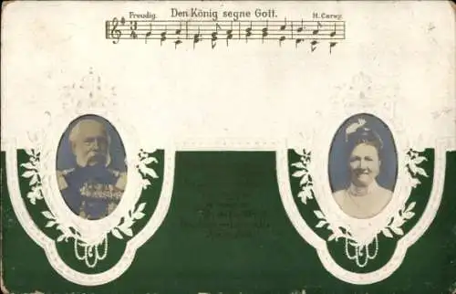 Präge Lied Ak Den König segne Gott, König Albert von Sachsen, Königin Carola