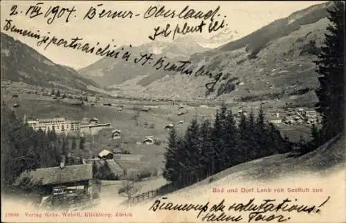 Ak Lenk Kt. Bern, Bad und Dorf von Seefluh aus gesehen