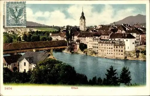 Ak Olten Kanton Solothurn, Stadtbild, überdachte Brücke