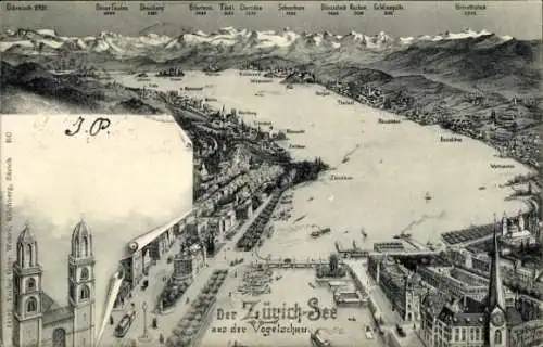 Ak Zürich Stadt Schweiz, Zürichsee, Vogelschau, Alpenpanorama, Kirche