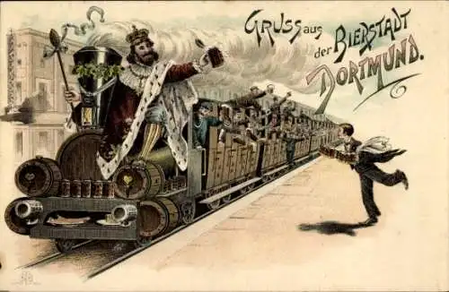 Litho Dortmund im Ruhrgebiet, König mit Bierkrug in Lokomotive, Fahrgäste, Kellner, Kaiserhalle