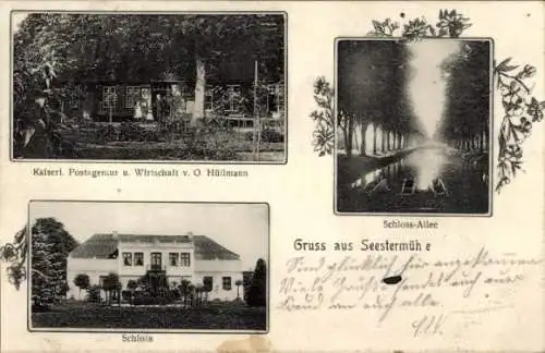 Ak Seestermühe in Schleswig Holstein, Schloss, Kaiserliche Postagentur, Gasthaus