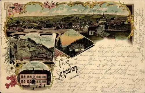 Litho Lehesten bei Jena Thüringen, Gesamtansicht, Gasthaus, Bärenstein